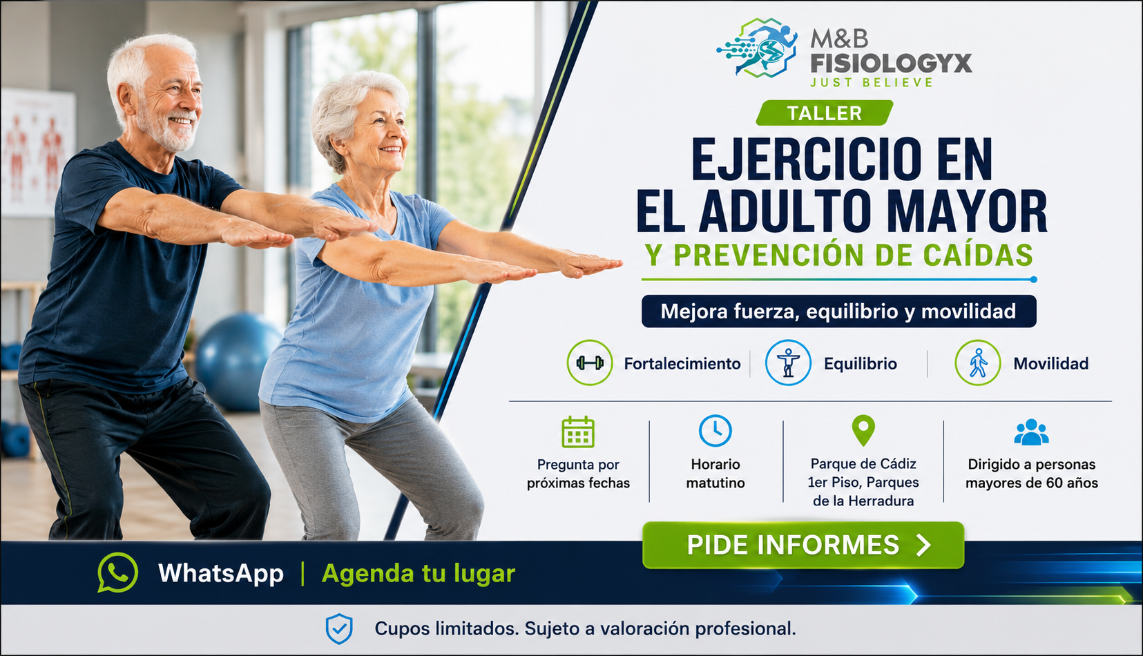 Taller de ejercicio para adulto mayor y prevención de caídas de M&B Fisiologyx en Interlomas, Parques de la Herradura, Naucalpan.